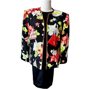Vintage 80s Gene Roye Floral Jacket Dress Set Black 2 Pc Size 12 USA